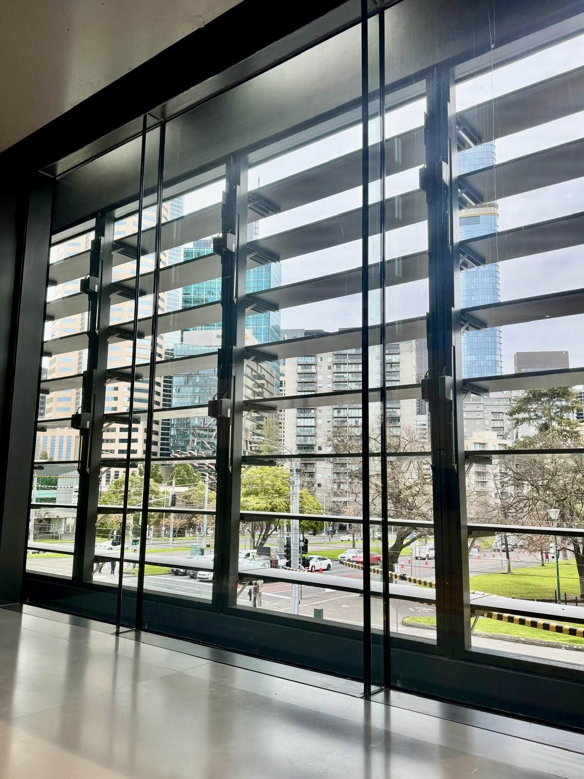 Internal view through the operable facade at Aikenhead Centre for Medical Discovery in Brisbane