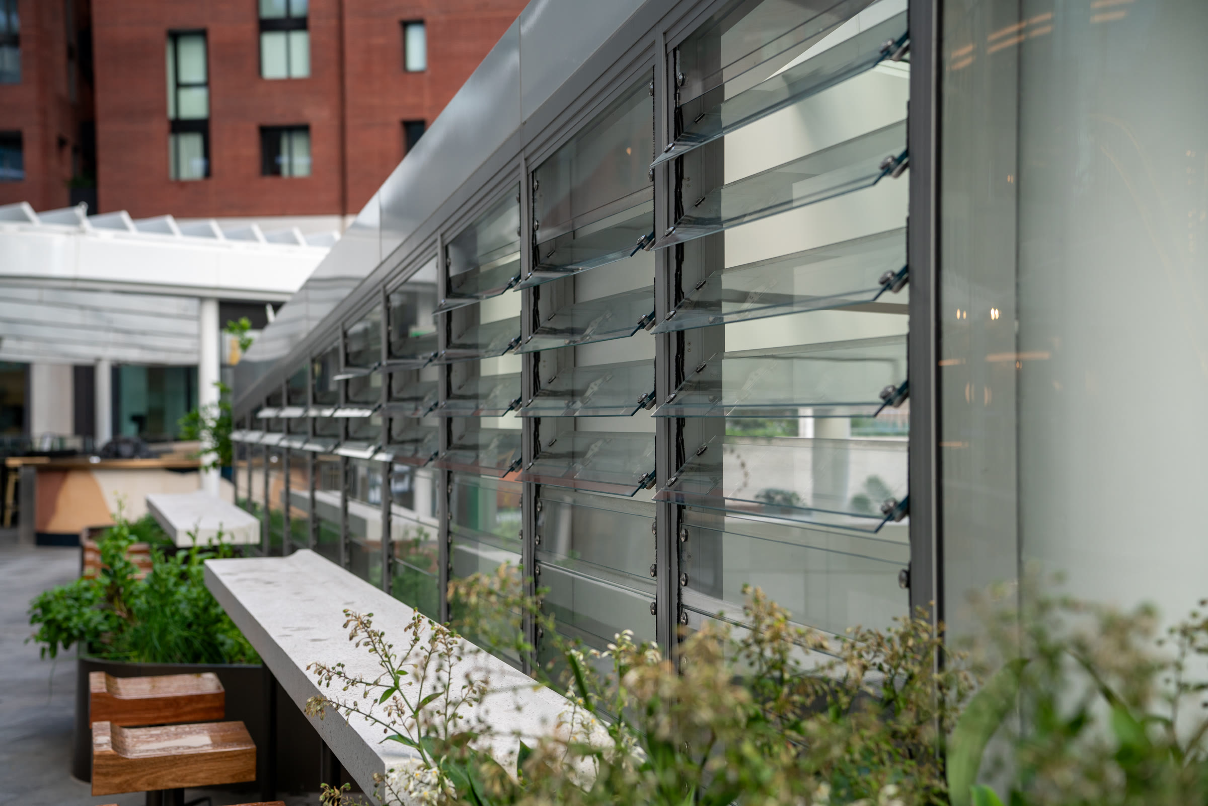Close view of EBSA G12-FS glass louvres at Quay Quarter Sydney